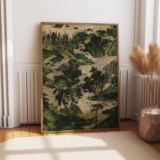 Vintage Japanese Landscape Print, Antique Green Forest River Wall Art, Traditional Woodblock Nature Poster, Japandi Botanical Art Print