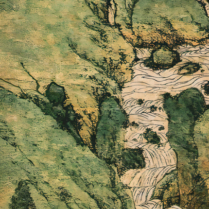 Japanese Waterfall Landscape Print, Vintage Green Mountain River Wall Art, Antique Woodblock Nature Poster, Japandi Botanical Forest Print