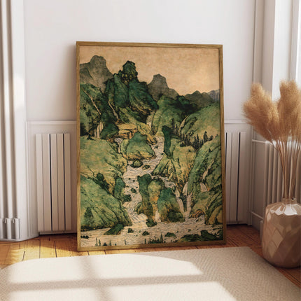 Japanese Waterfall Landscape Print, Vintage Green Mountain River Wall Art, Antique Woodblock Nature Poster, Japandi Botanical Forest Print