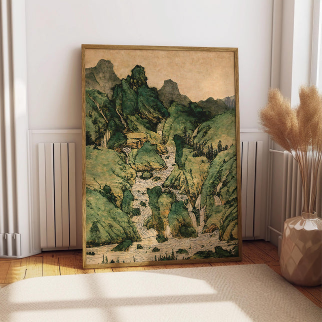 Japanese Waterfall Landscape Print, Vintage Green Mountain River Wall Art, Antique Woodblock Nature Poster, Japandi Botanical Forest Print