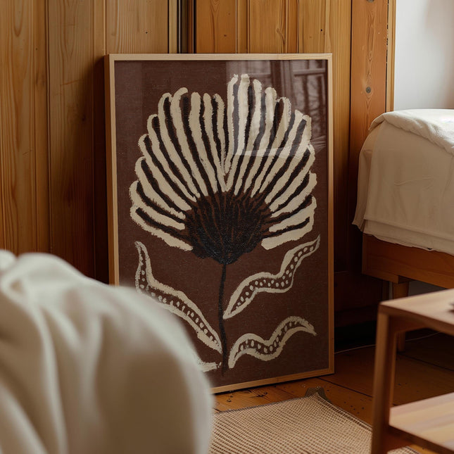 Brown Botanical Flower Print, Folk Art Floral Wall Art, Earthy Cream Abstract Flower Poster, Boho Botanical Decor, Rustic Plant Print