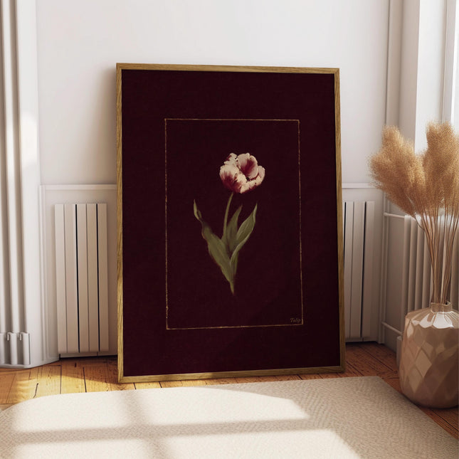 Moody Tulip Art Print, Dark Floral Wall Art, Vintage Botanical Poster, Deep Burgundy Decor, Goth Floral Print, Tulip Painting, Fine Art