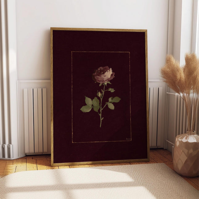Antique Rose Art Print, Gothic Floral Poster, Moody Burgundy Wall Decor, Victorian Botanical, Dark Bloom Painting, Fine Art Physical Print