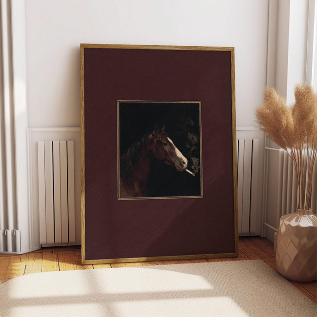 Smoking Horse Art Print, Vintage Horse Poster, Dark Moody Wall Decor, Quirky Animal Print, Cigarette Painting, Bar Cart Art, Retro Painting
