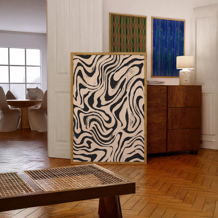 70s Psychedelic Aura Print, Funky Y2k Wall Decor, Retro Swirl Poster, Abstract Groovy Art, Wavy Cream and Black Wall Art, Modern Boho Art