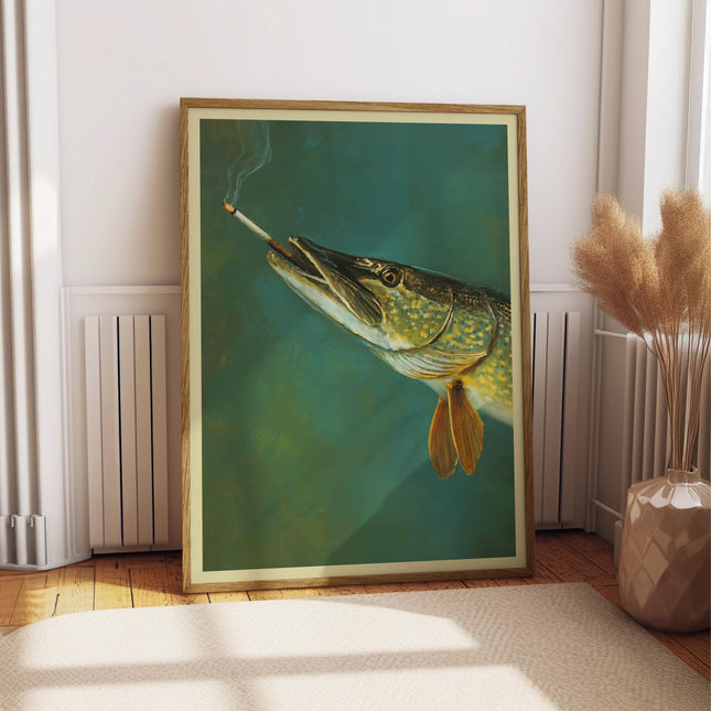 Northern Pike Smoking a Cigarette, Vintage Oil Painting Print, Funny Fish Poster, Retro Whimsical Art, Cabin Wall Decor Fishing Illustration