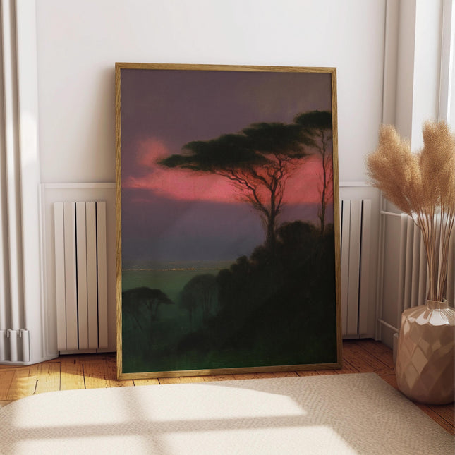 African Savannah Oil Painting, Serengeti Sunset Poster, Moody Acacia Tree Wall Art, Vintage Landscape Print, Pink and Dark Green Decor