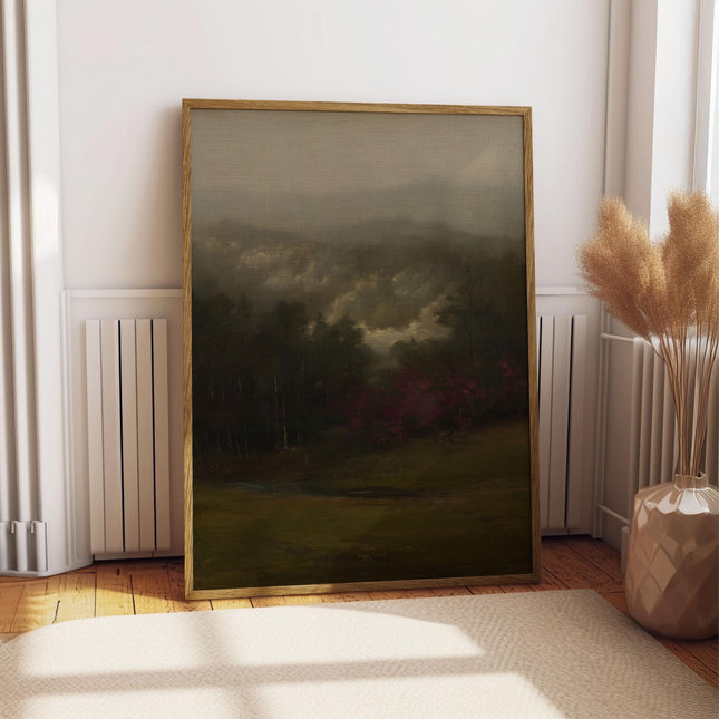 Misty Forest Oil Painting, Moody Woodland Wall Art, Vintage Foggy Landscape Poster, Dark Green Nature Decor, Antique Pine Tree Print, Art
