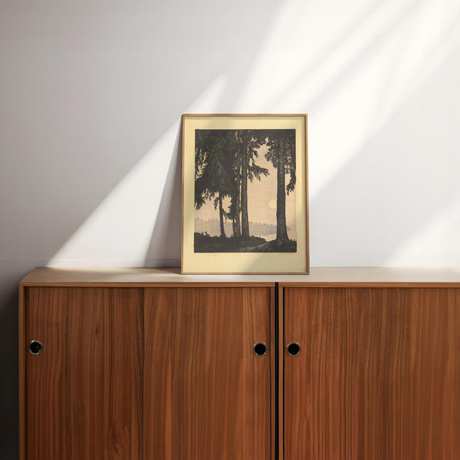 Moonlight Forest Print, Vintage Dark Pine Tree Wall Art, Antique Etching Style Nature Poster, Moody Woodland Landscape Decor, Cabin Print