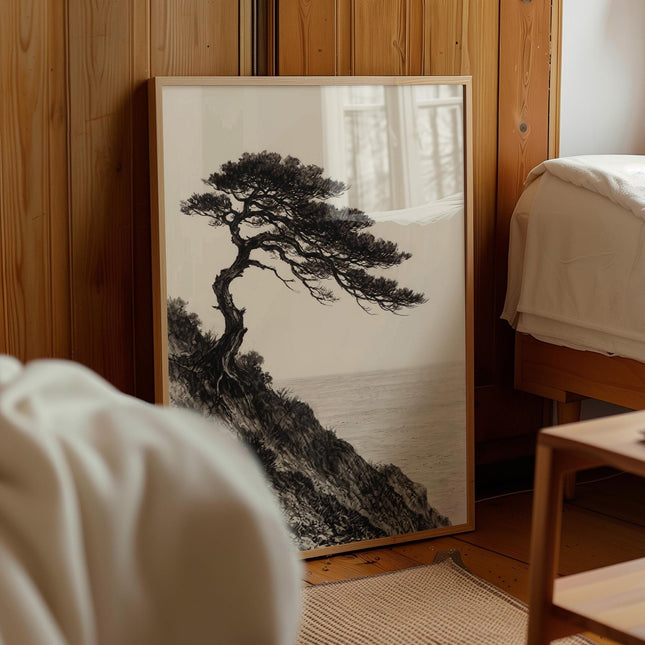 Japanese Tree Etching, Vintage Charcoal Sketch Wall Art, Coastal Bonsai Style Poster, Minimalist Zen Decor, Monochrome Tree Print