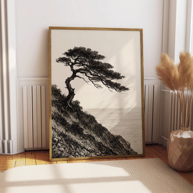 Japanese Tree Etching, Vintage Charcoal Sketch Wall Art, Coastal Bonsai Style Poster, Minimalist Zen Decor, Monochrome Tree Print