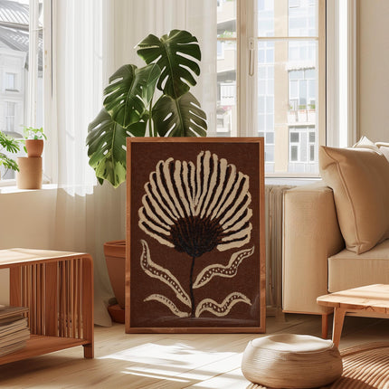 Brown Botanical Flower Print, Folk Art Floral Wall Art, Earthy Cream Abstract Flower Poster, Boho Botanical Decor, Rustic Plant Print