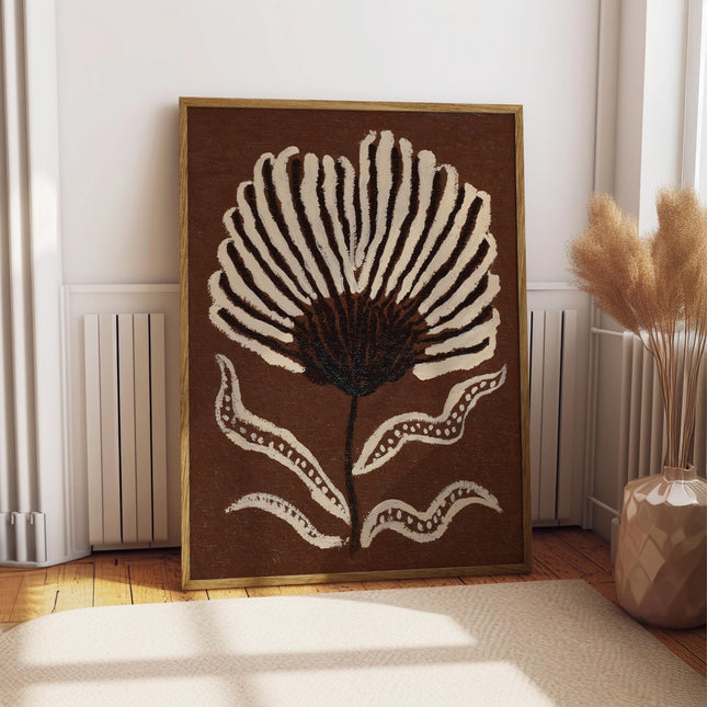 Brown Botanical Flower Print, Folk Art Floral Wall Art, Earthy Cream Abstract Flower Poster, Boho Botanical Decor, Rustic Plant Print