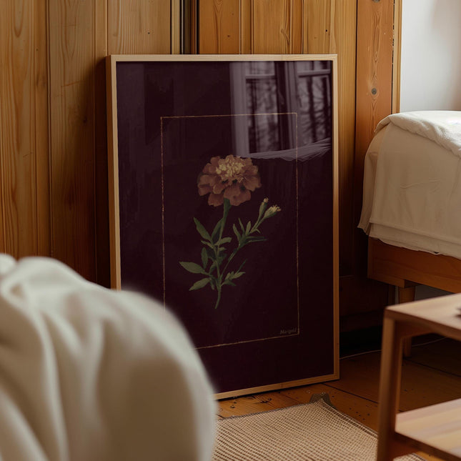 Marigold Art Print, Vintage Marigold Poster, Moody Burgundy Floral Wall Art, Antique Botanical Illustration, Dark Orange Bloom Painting