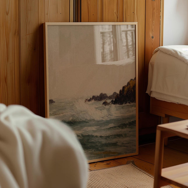 Vintage Seascape Oil Painting Art Print, Moody Ocean Waves Poster, Antique Coastal Wall Decor, Tan Sky Seascape, Dark Nautical Home Decor