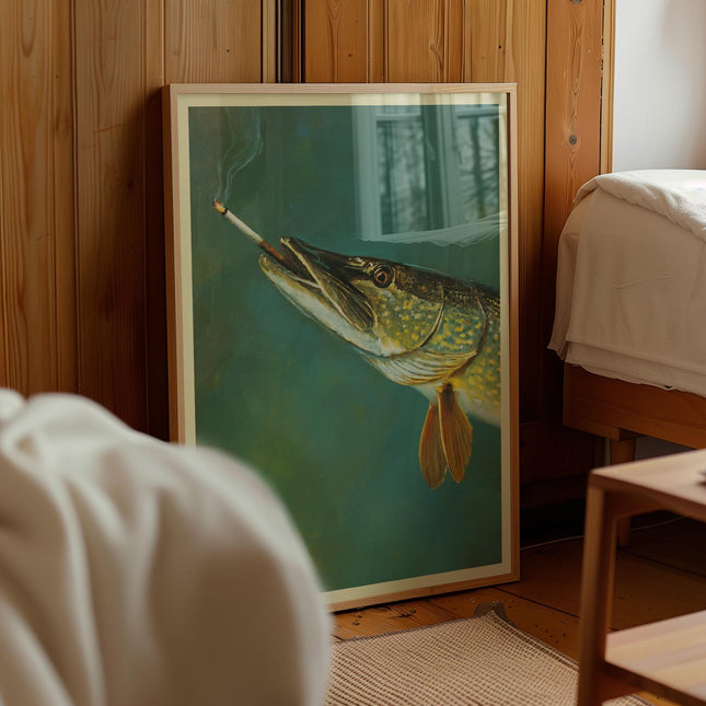 Northern Pike Smoking a Cigarette, Vintage Oil Painting Print, Funny Fish Poster, Retro Whimsical Art, Cabin Wall Decor Fishing Illustration