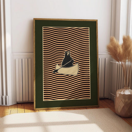 Retro Poster Style, Black Bear Canoe Art, Minimalist Wall Art, Geometric Line Art, Eclectic Decor, Mid Century Wall Art, Gift for Canoer