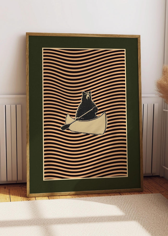 Retro Poster Style, Black Bear Canoe Art, Minimalist Wall Art, Geometric Line Art, Eclectic Decor, Mid Century Wall Art, Gift for Canoer