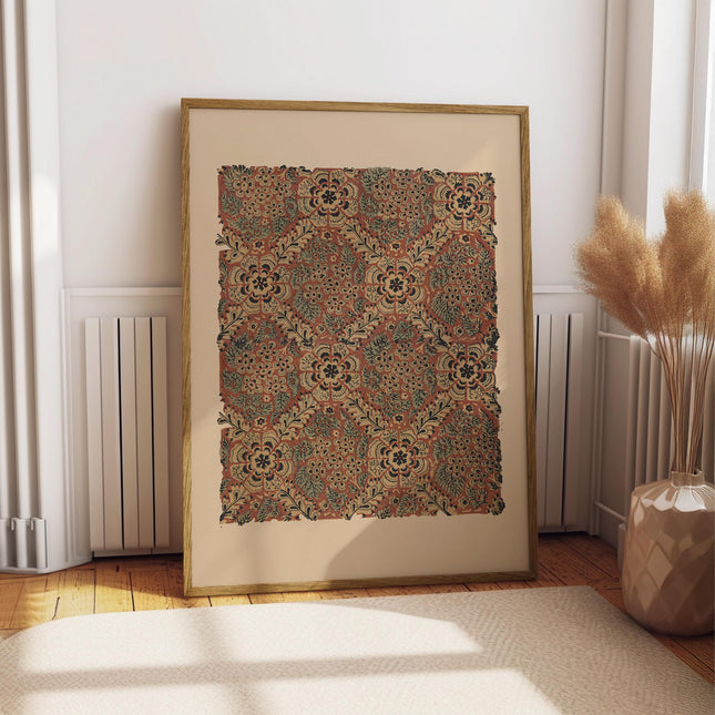 Vintage Italian Floral Pattern Art Print, Antique Textile Wall Decor, Terracotta Damask Poster, Muted Botanical Wall Art, Classical Decor