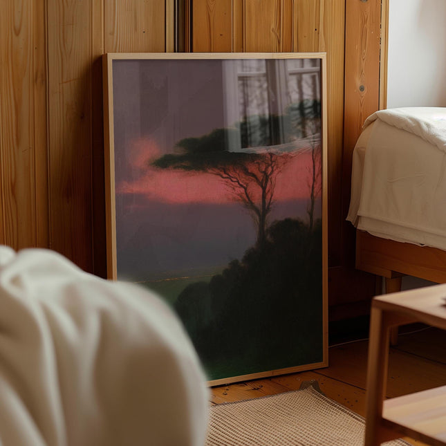 African Savannah Oil Painting, Serengeti Sunset Poster, Moody Acacia Tree Wall Art, Vintage Landscape Print, Pink and Dark Green Decor