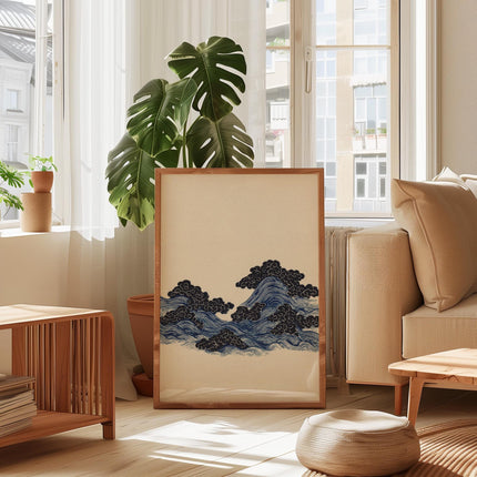 Japanese Ocean Waves and Clouds Art Print, Indigo Blue Woodblock Poster, Ukiyo-e Style Wall Decor, Minimalist Asian Marine Art, Asian Poster