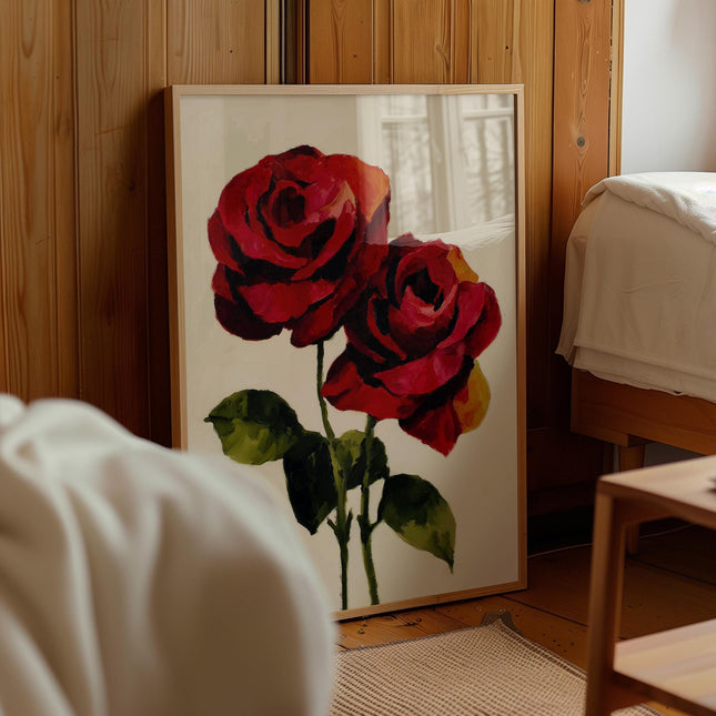 Vintage Red Roses Oil Painting, Antique Flower Print Illustration, Botanical Farmhouse Decor, Floral Canvas Painting