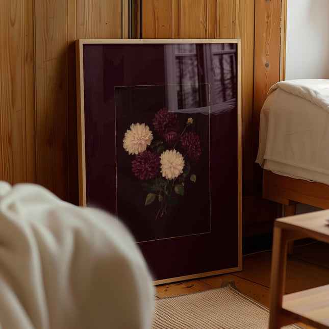 Dahlia Bouquet Art Print, Vintage Moody Floral Poster, Dark Burgundy Wall Decor, Antique Botanical Painting, Plum and Cream Flower Artwork
