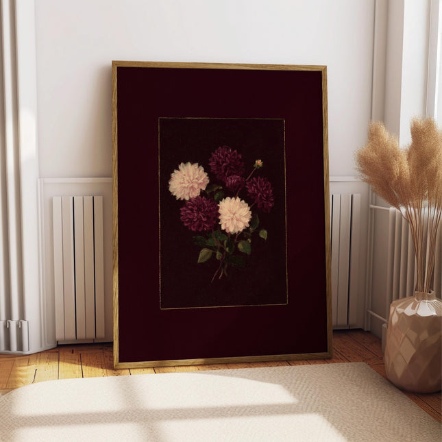 Dahlia Bouquet Art Print, Vintage Moody Floral Poster, Dark Burgundy Wall Decor, Antique Botanical Painting, Plum and Cream Flower Artwork