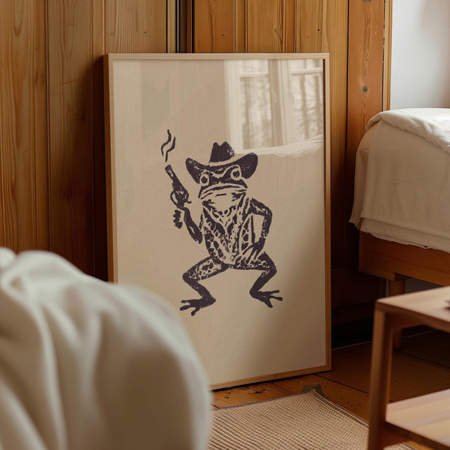 Cowboy Frog Wall Art Whimsical Funny Animal Illustration Minimalist Western Decor Vintage Style Frog Poster Retro Cowgirl Poster