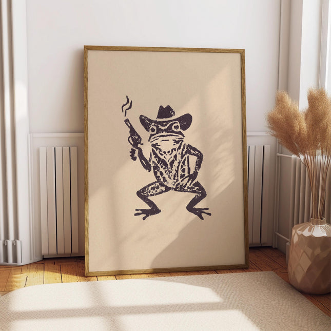 Cowboy Frog Wall Art Whimsical Funny Animal Illustration Minimalist Western Decor Vintage Style Frog Poster Retro Cowgirl Poster