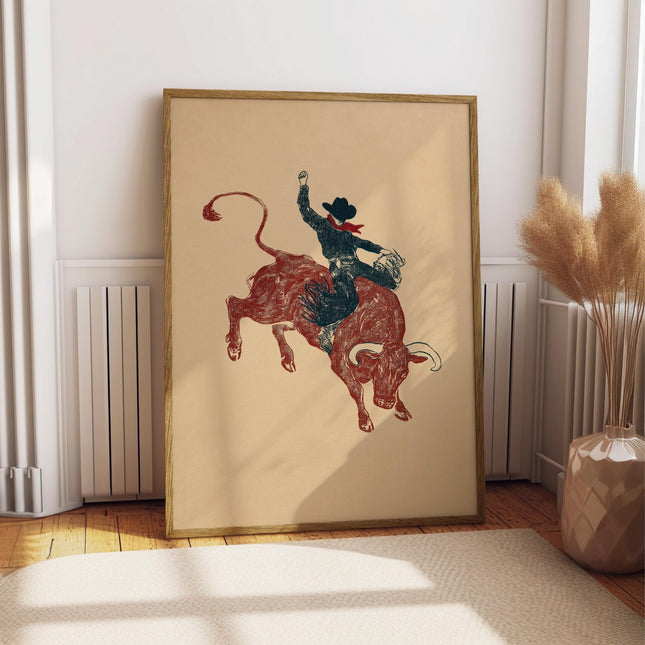 Vintage Bull Rider Art Print, Retro Rodeo Poster, Western Cowboy Drawing, Rustic Ranch Wall Decor, Antique Sketch Print, Man Cave Wall Art