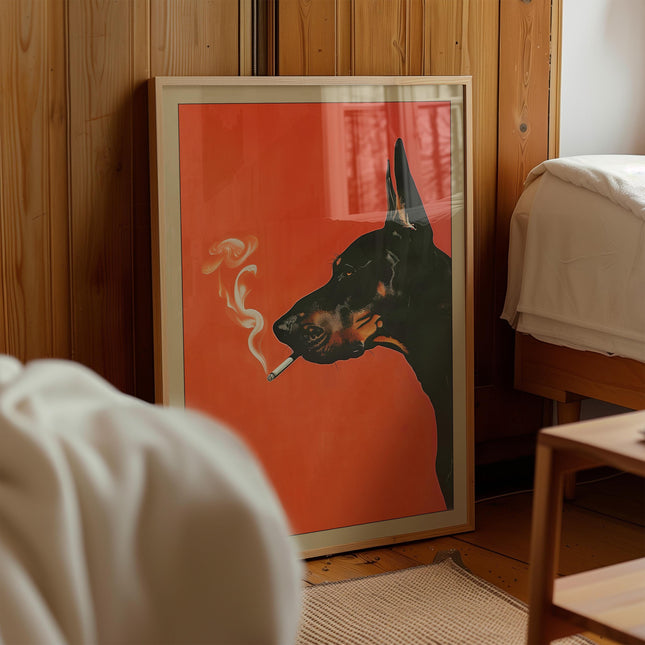 Doberman Pinscher Dog Smoking a Cigarette Vintage Poster Art Retro Whimsical Print Funny Animal Wall Decor Poster for Bar Cart Quirky Decor