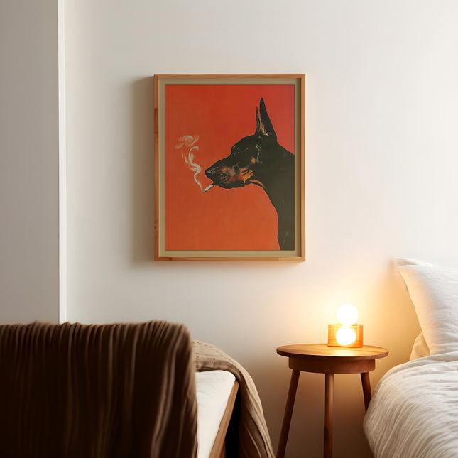 Doberman Pinscher Dog Smoking a Cigarette Vintage Poster Art Retro Whimsical Print Funny Animal Wall Decor Poster for Bar Cart Quirky Decor