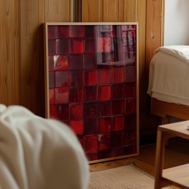 Red Tile Print, Bold Crimson Glossy Ceramic Grid Wall Art, Deep Ruby Glass Tile Poster, Maximalist Red Abstract Decor, Bold Colour Art Print