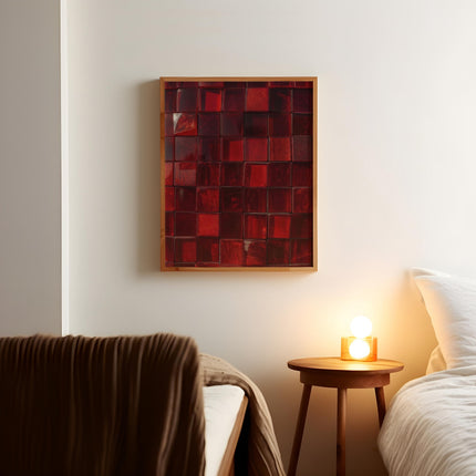 Red Tile Print, Bold Crimson Glossy Ceramic Grid Wall Art, Deep Ruby Glass Tile Poster, Maximalist Red Abstract Decor, Bold Colour Art Print