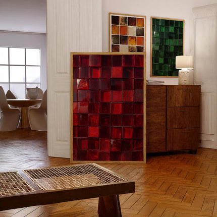Red Tile Print, Bold Crimson Glossy Ceramic Grid Wall Art, Deep Ruby Glass Tile Poster, Maximalist Red Abstract Decor, Bold Colour Art Print
