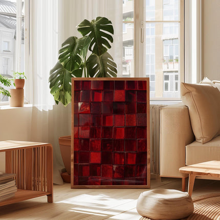 Red Tile Print, Bold Crimson Glossy Ceramic Grid Wall Art, Deep Ruby Glass Tile Poster, Maximalist Red Abstract Decor, Bold Colour Art Print