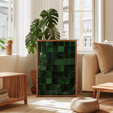 Emerald Green Geometric Tile Print, Mid Century Mod Square Wall Art, Minimalist Optical Illusion Poster, Modern Graphic Decor, Teal Navy Art