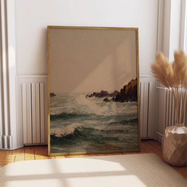 Vintage Seascape Oil Painting Art Print, Moody Ocean Waves Poster, Antique Coastal Wall Decor, Tan Sky Seascape, Dark Nautical Home Decor