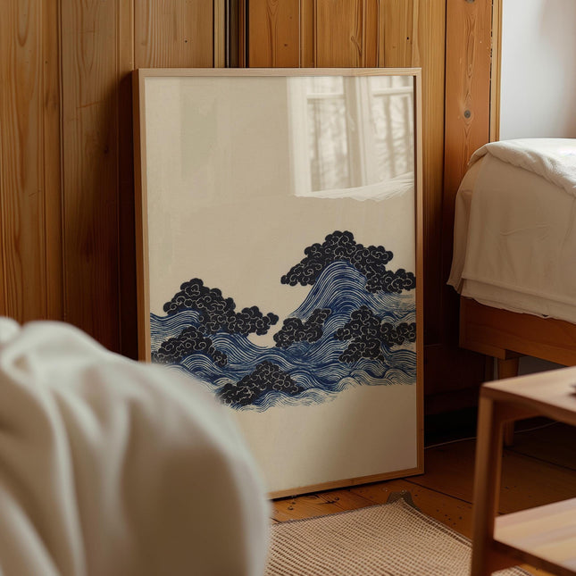 Japanese Ocean Waves and Clouds Art Print, Indigo Blue Woodblock Poster, Ukiyo-e Style Wall Decor, Minimalist Asian Marine Art, Asian Poster