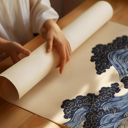 Japanese Ocean Waves and Clouds Art Print, Indigo Blue Woodblock Poster, Ukiyo-e Style Wall Decor, Minimalist Asian Marine Art, Asian Poster