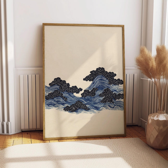 Japanese Ocean Waves and Clouds Art Print, Indigo Blue Woodblock Poster, Ukiyo-e Style Wall Decor, Minimalist Asian Marine Art, Asian Poster