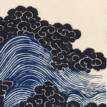 Japanese Ocean Waves and Clouds Art Print, Indigo Blue Woodblock Poster, Ukiyo-e Style Wall Decor, Minimalist Asian Marine Art, Asian Poster