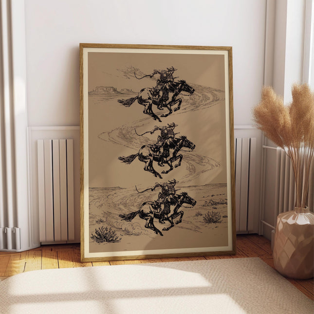 Vintage Western Magazine Art Print, Retro Cowboy Illustration, Desert Rodeo Wall Decor, Terracotta Sketch Poster, Antique Cowboy Drawing