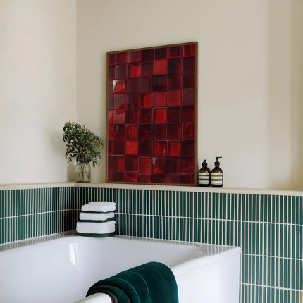 Red Tile Print, Bold Crimson Glossy Ceramic Grid Wall Art, Deep Ruby Glass Tile Poster, Maximalist Red Abstract Decor, Bold Colour Art Print