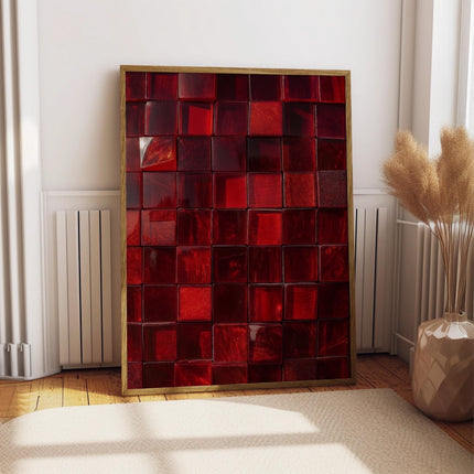 Red Tile Print, Bold Crimson Glossy Ceramic Grid Wall Art, Deep Ruby Glass Tile Poster, Maximalist Red Abstract Decor, Bold Colour Art Print