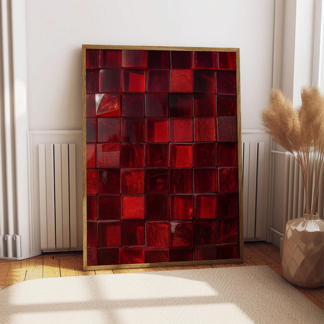 Red Tile Print, Bold Crimson Glossy Ceramic Grid Wall Art, Deep Ruby Glass Tile Poster, Maximalist Red Abstract Decor, Bold Colour Art Print