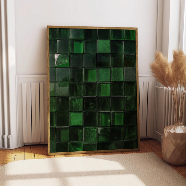 Emerald Green Geometric Tile Print, Mid Century Mod Square Wall Art, Minimalist Optical Illusion Poster, Modern Graphic Decor, Teal Navy Art